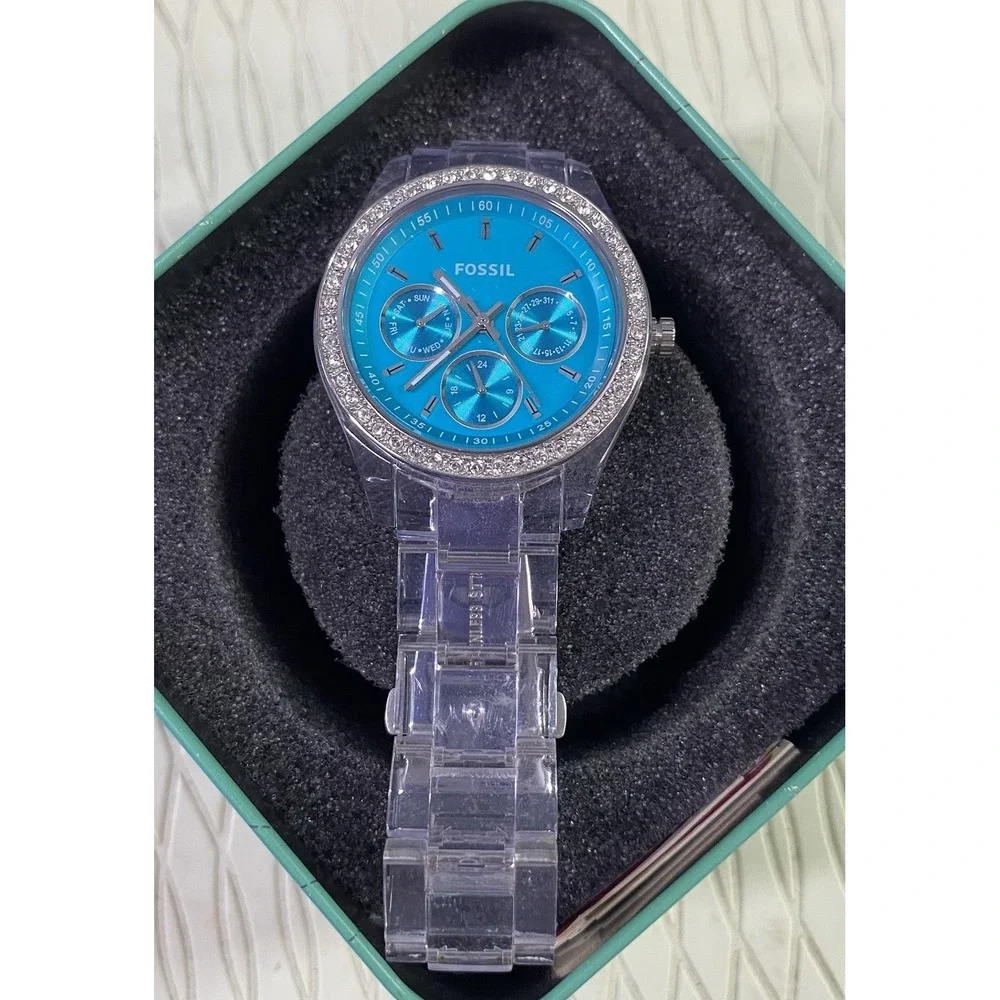 Fossil Womens ES2603 Watch Clear Strap W/Teal Blue Glitz Bezel Face Dazzle EUC